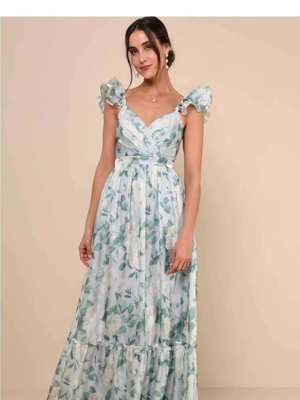 Lulu's Mint Green Floral Ruffle Sleeve Maxi Dress
